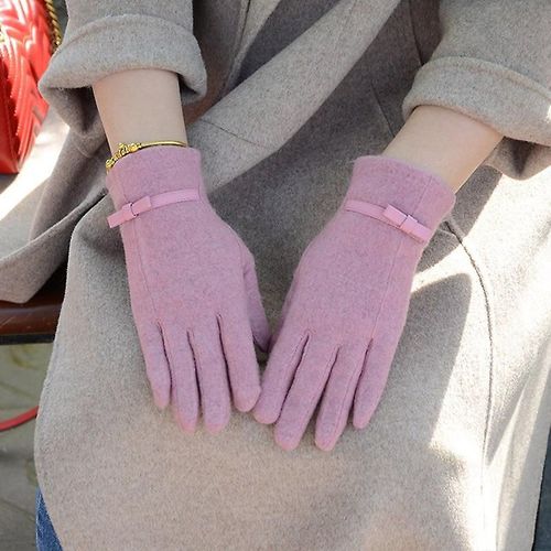 Mode Élégante Femme Laine Tricot Broderie Écran Tactile Gants Hiver Femmes Chaud Cachemire Doigt Complet En Cuir Arc Gants Taille Unique C23 Rose
