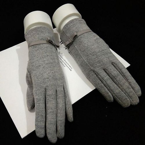 Mode Élégante Femme Laine Tricot Broderie Écran Tactile Gants Hiver Femmes Chaud Cachemire Doigt Complet En Cuir Arc Gants Taille Unique C23 Gris