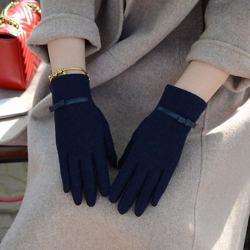 Mode Élégante Femme Laine Tricot Broderie Écran Tactile Gants Hiver Femmes Chaud Cachemire Doigt Complet En Cuir Arc Gants Taille Unique C23 Bleu Foncé