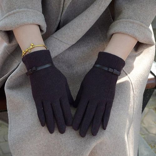 Mode Élégante Femme Laine Tricot Broderie Écran Tactile Gants Hiver Femmes Chaud Cachemire Doigt Complet En Cuir Arc Gants Taille Unique C23 Café