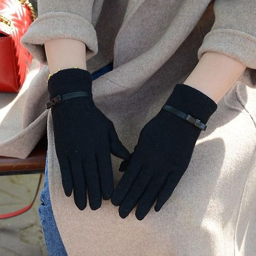 Mode Élégante Femme Laine Tricot Broderie Écran Tactile Gants Hiver Femmes Chaud Cachemire Doigt Complet En Cuir Arc Gants Taille Unique C23 Noir