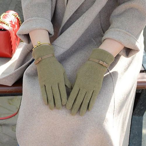 Mode Élégante Femme Laine Tricot Broderie Écran Tactile Gants Hiver Femmes Chaud Cachemire Doigt Complet En Cuir Arc Gants Taille Unique C23 Vert Haricot