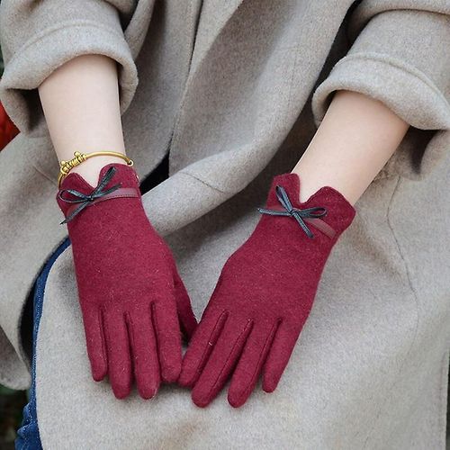 Mode Élégante Femme Laine Tricot Broderie Écran Tactile Gants Hiver Femmes Chaud Cachemire Doigt Complet En Cuir Arc Gants Taille Unique C22 Vin Rouge