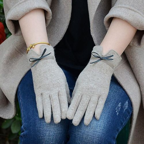 Mode Élégante Femme Laine Tricot Broderie Écran Tactile Gants Hiver Femmes Chaud Cachemire Doigt Complet En Cuir Arc Gants Taille Unique C22 Kaki