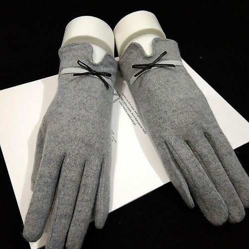 Mode Élégante Femme Laine Tricot Broderie Écran Tactile Gants Hiver Femmes Chaud Cachemire Doigt Complet En Cuir Arc Gants Taille Unique C22 Gris