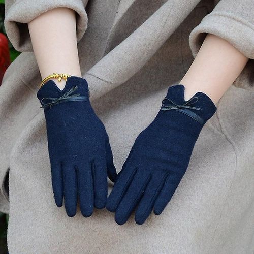 Mode Élégante Femme Laine Tricot Broderie Écran Tactile Gants Hiver Femmes Chaud Cachemire Doigt Complet En Cuir Arc Gants Taille Unique C22 Bleu Foncé