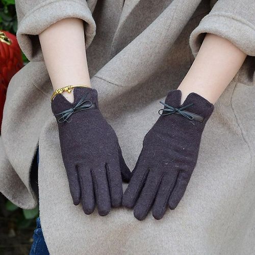 Mode Élégante Femme Laine Tricot Broderie Écran Tactile Gants Hiver Femmes Chaud Cachemire Doigt Complet En Cuir Arc Gants Taille Unique C22 Café