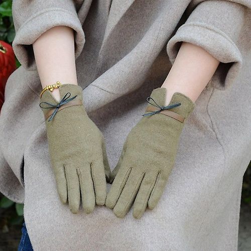 Mode Élégante Femme Laine Tricot Broderie Écran Tactile Gants Hiver Femmes Chaud Cachemire Doigt Complet En Cuir Arc Gants Taille Unique C22 Vert Haricot