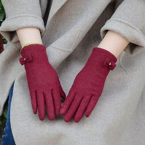 Mode Élégante Femme Laine Tricot Broderie Écran Tactile Gants Hiver Femmes Chaud Cachemire Doigt Complet En Cuir Arc Gants Taille Unique C21 Vin Rouge