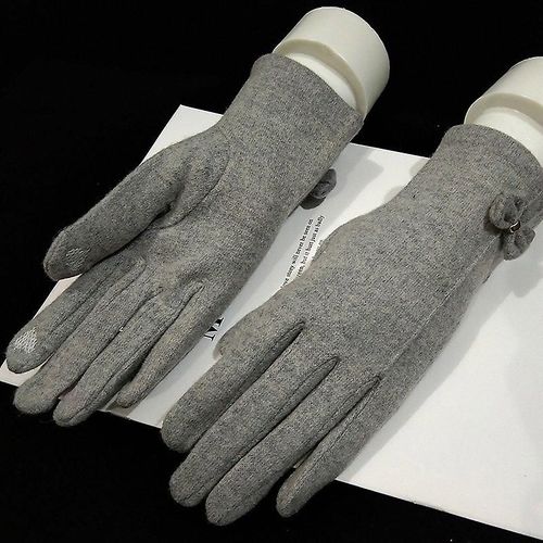 Mode Élégante Femme Laine Tricot Broderie Écran Tactile Gants Hiver Femmes Chaud Cachemire Doigt Complet En Cuir Arc Gants Taille Unique C21 Gris