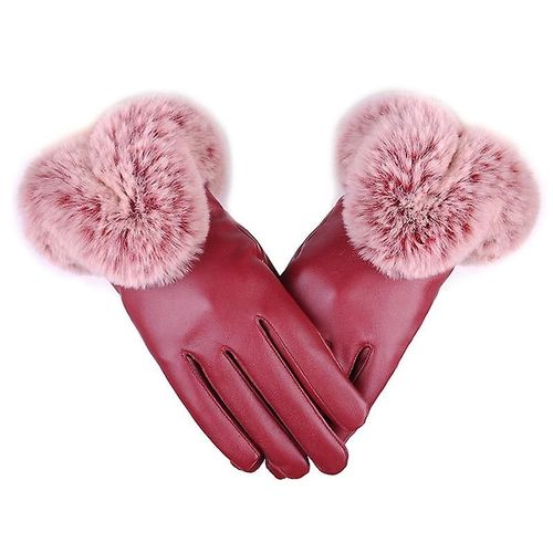 Gants D'hiver En Faux Lapin Pour Femmes, Mitaines En Cuir Pu Pour Écran Tactile, Gants Chauds Pour Conduite En Plein Air, Taille Unique, Vin