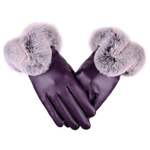 Gants D'hiver En Faux Lapin Pour Femme, Mitaines En Cuir Pu Pour Écran Tactile, Gants Chauds Pour Conduite En Plein Air, Taille Unique, Violet