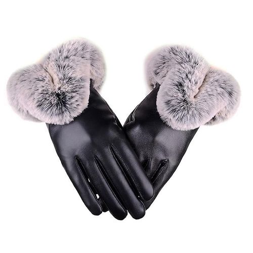 Gants D'hiver En Faux Lapin Pour Femmes, Mitaines En Cuir Pu Pour Écran Tactile, Gants Chauds De Conduite En Plein Air, Taille Unique, Noirs