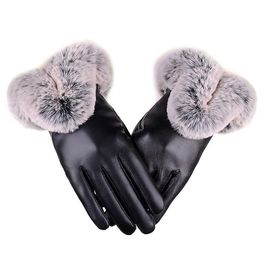 Gants D'hiver En Faux Lapin Pour Femmes, Mitaines En Cuir Pu Pour Écran Tactile, Gants Chauds De Conduite En Plein Air, Taille Unique, Noirs