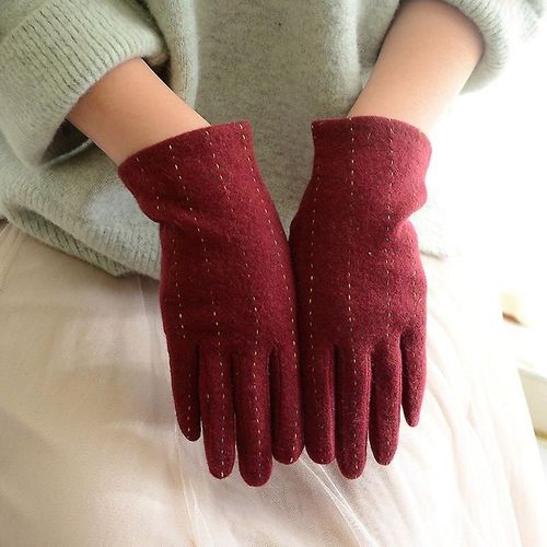 Mode Élégante Femme Laine Tricot Broderie Écran Tactile Gants Hiver Femmes Chaud Cachemire Doigt Complet En Cuir Arc Gants Taille Unique C25 Rouge