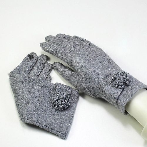 Mode Élégante Femme Laine Tricot Broderie Écran Tactile Gants Hiver Femmes Chaud Cachemire Doigt Complet En Cuir Arc Gants Taille Unique S62 Gris