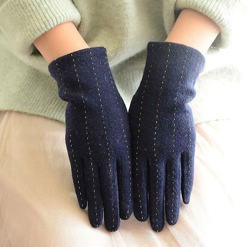 Mode Élégante Femme Laine Tricot Broderie Écran Tactile Gants Hiver Femmes Chaud Cachemire Doigt Complet En Cuir Arc Gants Taille Unique C25 Bleu