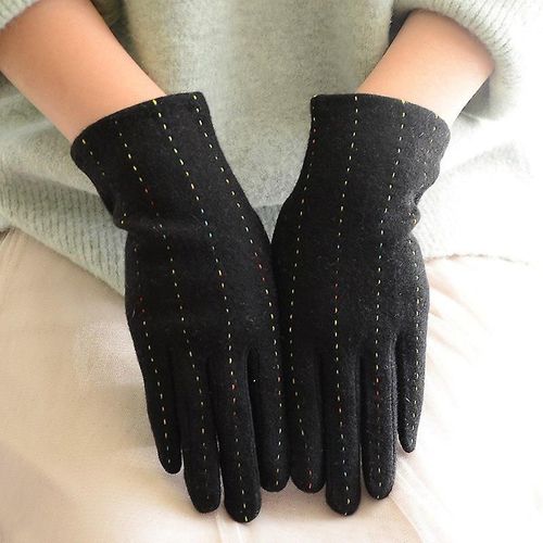 Mode Élégante Femme Laine Tricot Broderie Écran Tactile Gants Hiver Femmes Chaud Cachemire Doigt Complet En Cuir Arc Gants Taille Unique C25 Noir
