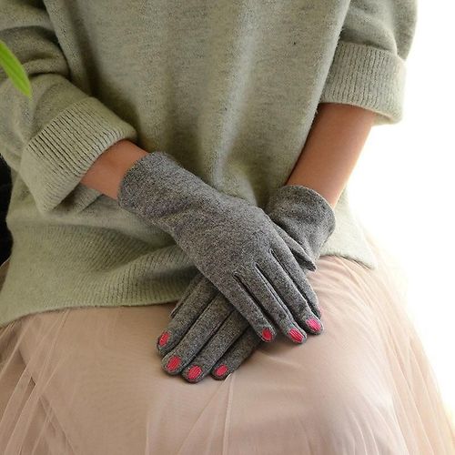 Mode Élégante Femme Laine Tricot Broderie Écran Tactile Gants Hiver Femmes Chaud Cachemire Doigt Complet En Cuir Arc Gants Taille Unique C24 Gris