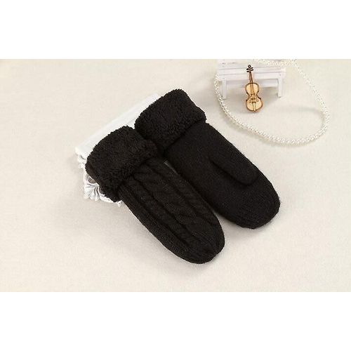 Femmes Mode Tricot Twist Fleurs Mitaines Hiver Femme Laine Plus Cachemire Velours Épaississement Chaud Doigt Complet Gants Taille Unique Noir
