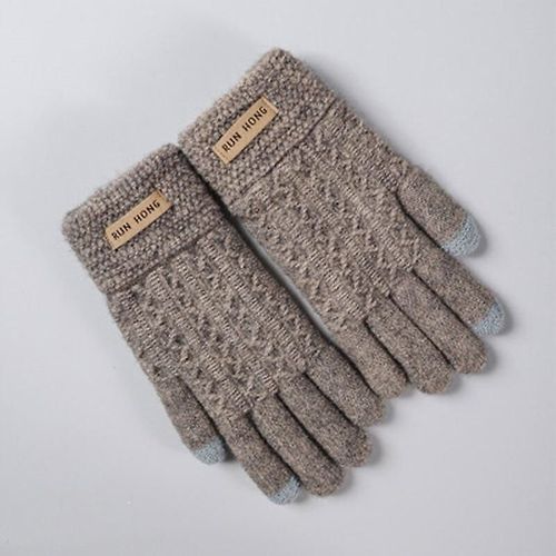 Unisexe Hiver Laine Tricot Épaissir Élastique Antidérapant Cyclisme Mitaines Hommes Écran Tactile Chaud Doigt Complet Conduite Gant Taille Unique A Kaki