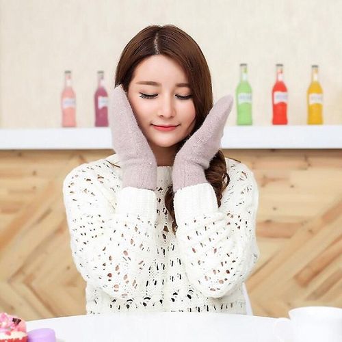 Femmes Hiver Épais Tricoté Cachemire Double Couche En Peluche Laine Tricot Mitaines Chaudes Femme Mignon Doigts Complets Gants 10x21 Cm Kaki