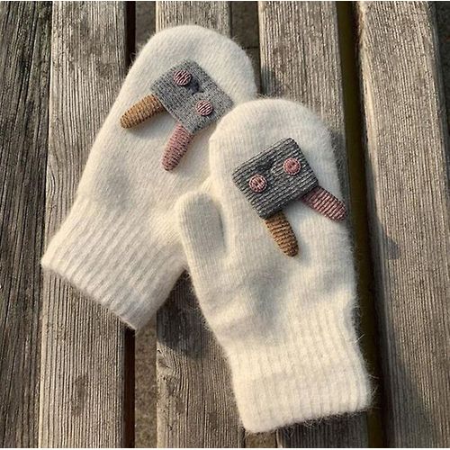 Femmes Hiver Épais Tricoté Cachemire Double Couche En Peluche Laine Tricot Mitaines Chaudes Femme Mignon Doigts Complets Gants 10x21 Cm H12 Blanc