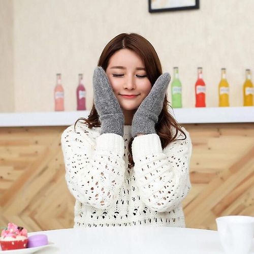 Femmes Hiver Épais Tricoté Cachemire Double Couche En Peluche Laine Tricot Mitaines Chaudes Femme Mignon Doigts Complets Gants 10x21 Cm Gris Foncé