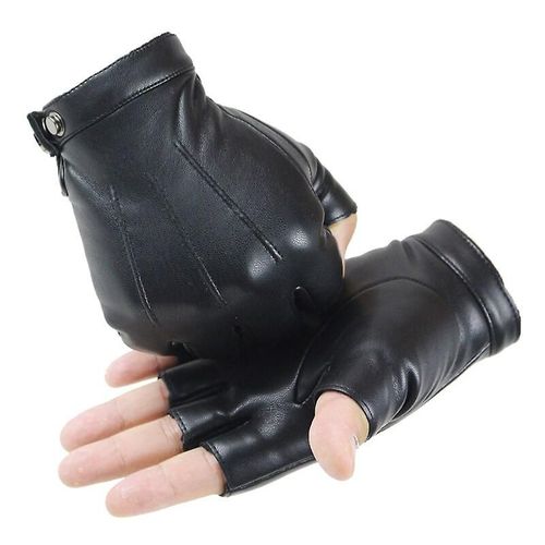 Gants Unisexes En Cuir Pu Noir, Sans Doigts, Solides, Boutons Féminins, Chauds, Demi-Doigt, Gants De Conduite Pour Hommes, Punk À Moteur, Épais, Xl, Noir