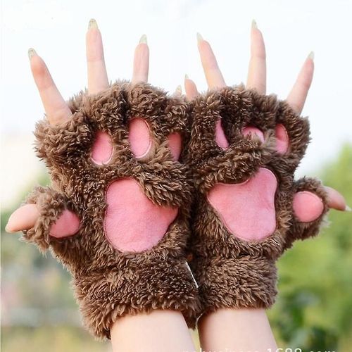 Femmes Mignon Chat Griffe Patte En Peluche Mitaines Chaud Doux En Peluche Court Sans Doigts Moelleux Ours Chat Gants Costume Demi Doigt Noir Beige Café