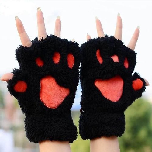 Femmes Mignon Chat Griffe Patte En Peluche Mitaines Chaud Doux En Peluche Court Sans Doigts Moelleux Ours Chat Gants Costume Demi Doigt Noir Beige Noir