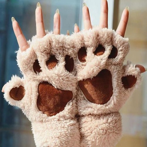 Mitaines En Peluche Patte De Chat Pour Femmes, Mignonnes, Chaudes Et Douces, Courtes, Sans Doigts, Ours Moelleux, Gants De Chat, Costume Demi-Doigt, Noir, Beige, Beige