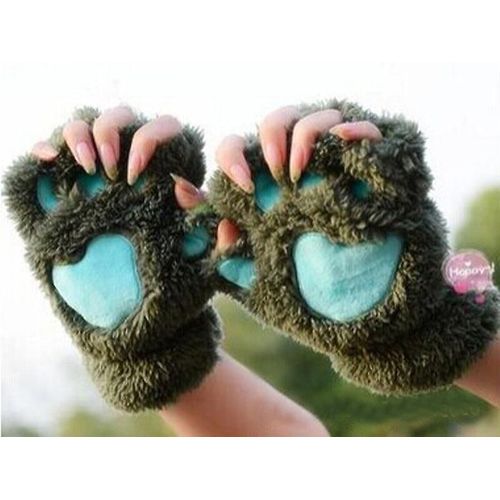 Mitaines En Peluche Pour Femmes, Mignonnes, Pattes De Chat, Chaudes Et Douces, Courtes, Sans Doigts, Ours Moelleux, Gants De Chat, Costume Demi-Doigt, Noir, Beige, Vert Armée