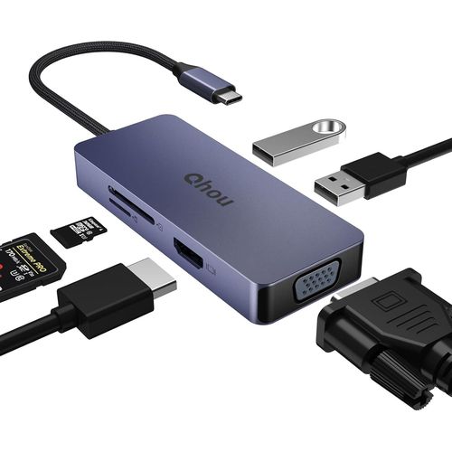 ERSHI-Hub USB C 6-1 avec 4K HDMI, VGA, 2 USB 2.0, Lecteur de Carte SD/TF Adaptateur USB C pour MacBook Pro/Air, Dell, HP, Lenovo P[474]