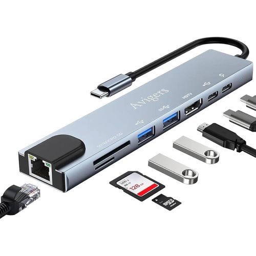 ERSHI-8 en 1 Hub/Adaptateur USB C avec RJ45 Ethernet, 4K HDMI, 100W PD, Lecture de Carte SD/TF, 2 Ports USB 3.0, Type C Adaptateur[420]