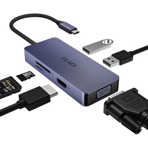 ERSHI-Hub USB C, Adaptateur USB-C 6 en 1, avec 1 Port HDMI, 1 Port VGA, 2 Ports USB, Lecteur de Carte SD/TF, idéal pour Ordinateur[1389]