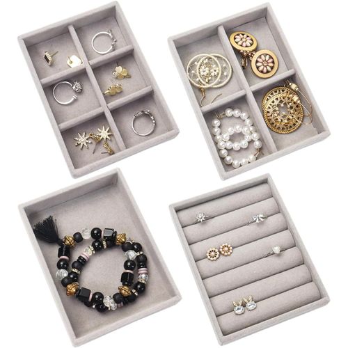 Ershi-Lot De 4 Petits Plateaux À Bijoux - Tiroir Empilable - Organisateur De Bijoux Pour Boucles D'oreilles, Collier, Bracelet, Ba[3563]