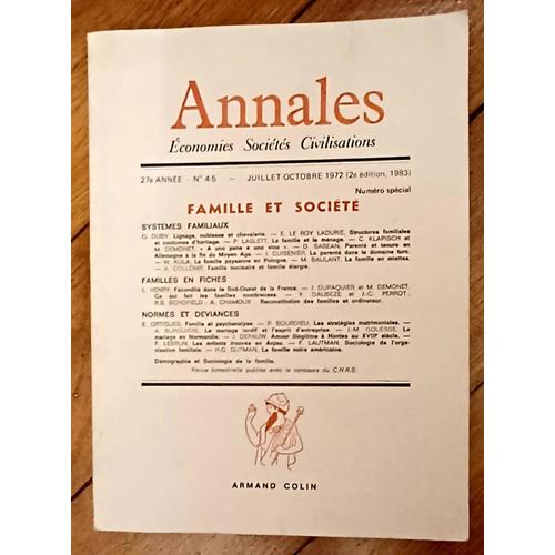 Annales. Famille Et Société. Juillet-Octobre 1972 (2e Édition, 1983). Armand Colin