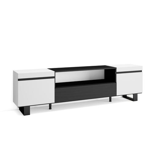 Meuble Tv, Banc Télé, Grand Espace De Rangement, 200x57x35cm, Pour Les Tv Jusqu'à  80', Design Industriel, Style Moderne, Blanc Et Noir