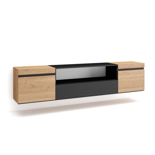 Meuble Tv, Banc Télé, Grand Espace De Rangement, 200x45x35cm, Pour Les Tv Jusqu'à  80', Suspendu, Mural, Style Moderne, Chêne Et Noir
