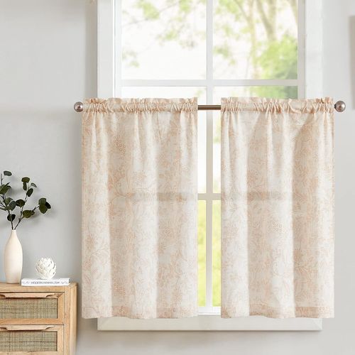 Ershi-Rideau Cuisine Fleuris Brun Et Beige Rideaux Brise-Bise Court Vintage Rustique Aspect Lin Translucide Petit Décoration Intér[895]