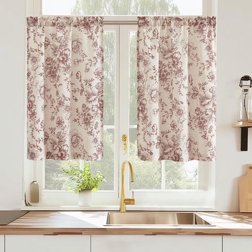 Ershi-Rideau Cuisine Fleuris Rouge Et Beige Rideaux Brise-Bise Court Style Pastoral Anglais Aspect Lin Translucide Petit Décoratio[892]