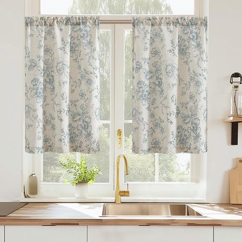 Ershi-Rideau Cuisine Fleuris Bleu Et Beige Rideaux Brise-Bise Court Style Pastoral Anglais Aspect Lin Translucide Petit Décoration[893]