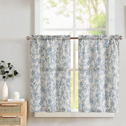 Ershi-Rideau Cuisine Fleuris Bleu Et Beige Rideaux Brise-Bise Court Vintage Rustique Aspect Lin Translucide Petit Décoration Intér[894]