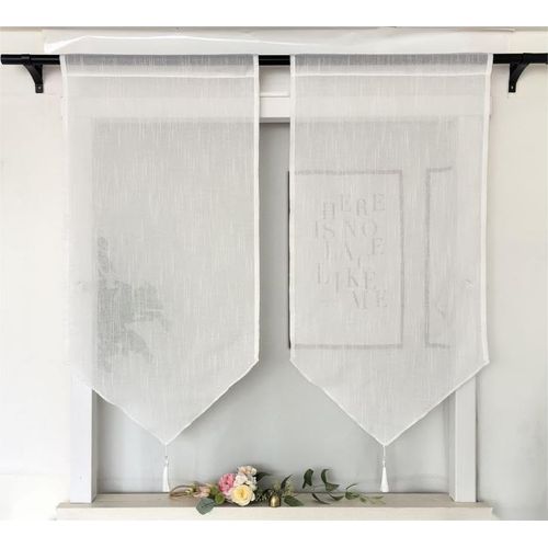 ERSHI-Lot de 2 panneaux aspect lin avec pompon - Rideau brise-bise - Blanc uni - Avec passage de tringle - H x l : 90 x 45 cm[1180]