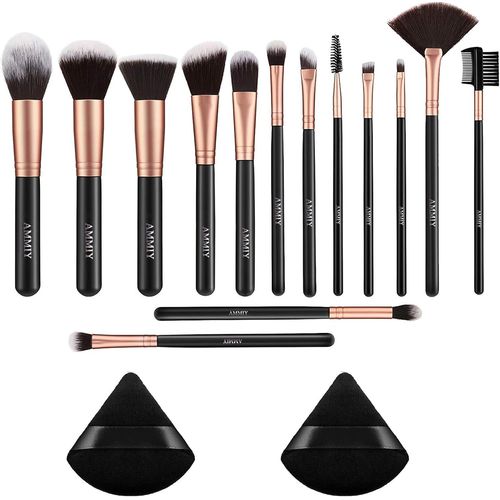 Ershi-14 Pcs Set Pinceaux Maquillage Rose Doré Avec 2 Houppettes À Poudre Triangle Noires Pour Fond De Teint Mélange Poudre Le Vis[32] 