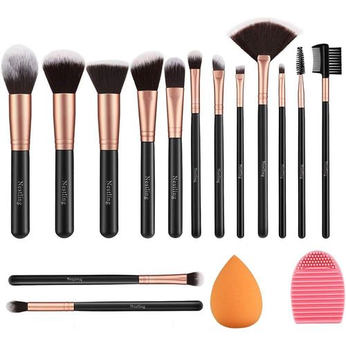 Ershi-14 Pcs Set Pinceaux Maquillage Rose Doré Avec Eponge Maquillage Et Brosse De Nettoyage Synthétiques Haut De Gamme Pour Fond [33] 