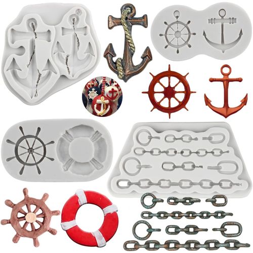 Ershi-Lot De 4 Moules En Silicone Avec Ancre De Bateau Et Gouvernail - Moule À Fondant - Bouée De Sauvetage - Crochet À Voile - Po[2063]