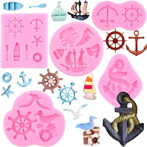 Ershi-Lot De 5 Moules En Silicone En Forme D'ancre Et De Gouvernail - Mouette - Bateau À Voile - Bouée De Sauvetage - Moule À Bonb[4876]