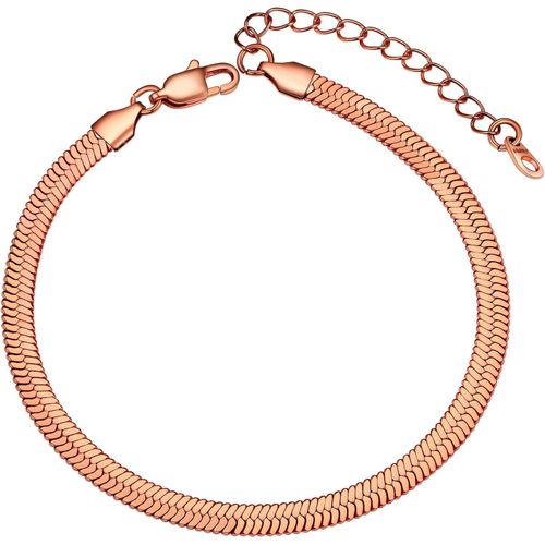 Kal-Chaine De Cheville Bracelet De Pied Femme Serpent 3/5 Mm Acier/Or Plaque/Noir/Or Rose Inoxydable Gourmette Maille Court 16 Cm Plat Chaine Pas Cher Fille Enfant Petit Cadeau Noël